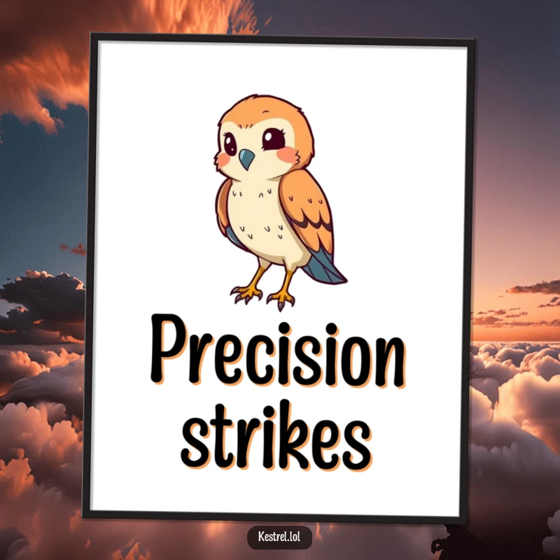 Funny kestrel hunter digital art print featuring a smiling bird squinting its eye in a hunting pose, perfect for witty decor.