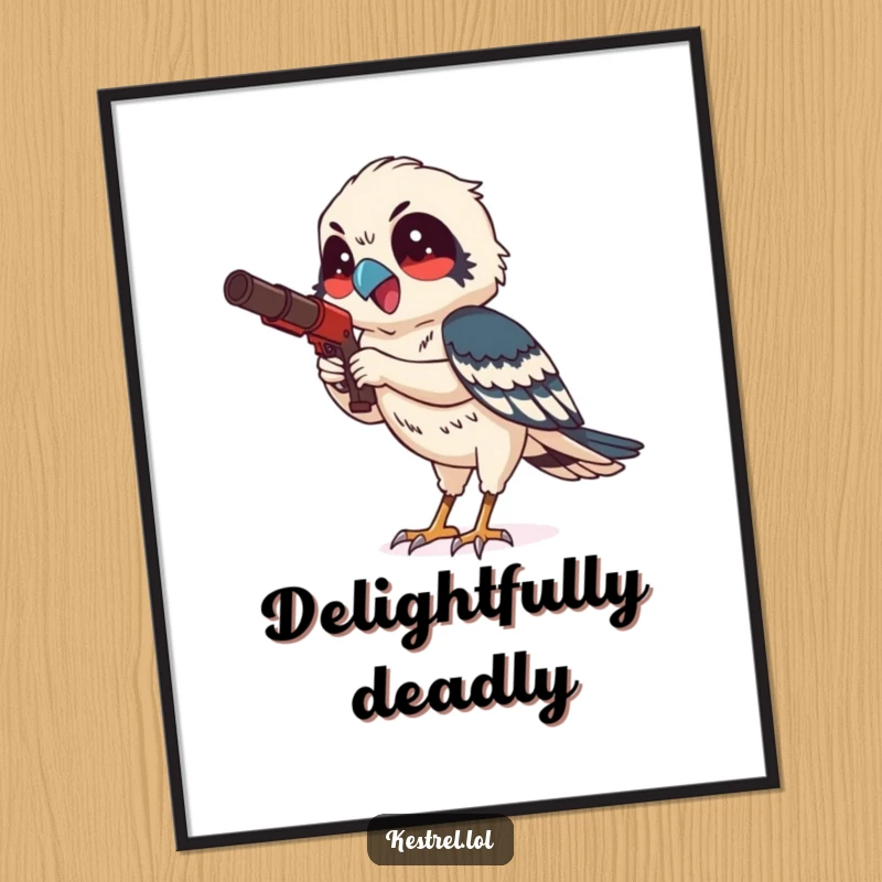 Funny kestrel digital art print of a smiling bird character hunting with focused delight, a bold and humorous decor piece.