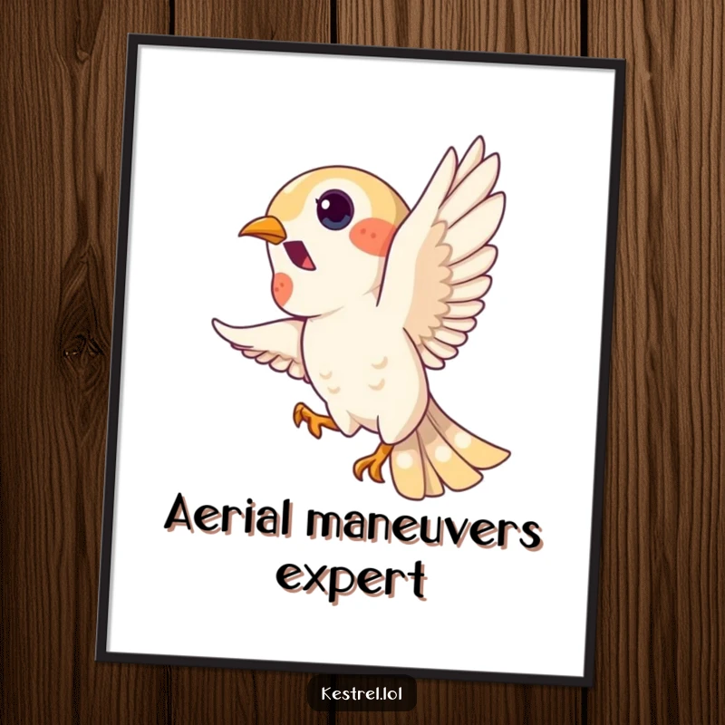 Funny kestrel digital art print, playful bird character doing a loop in the sky, high-resolution, humorous wall decor.