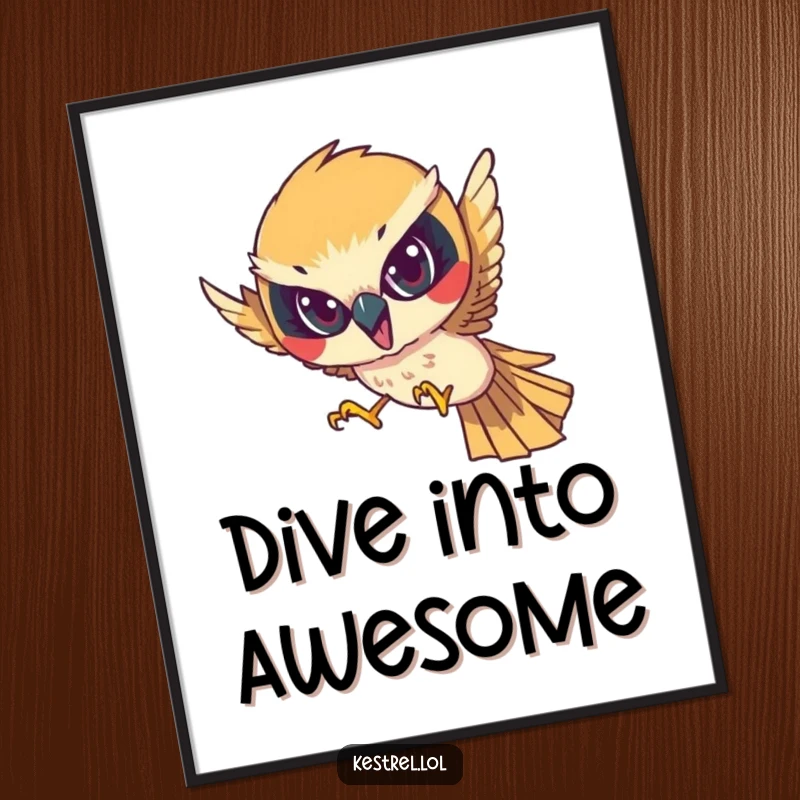 Funny digital art print of a determined kestrel character diving with focused intensity, perfect for instant download and sharp decor.
