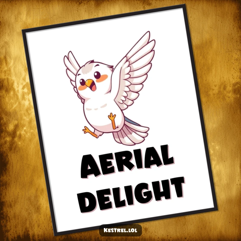 Funny kestrel digital art print, joyful bird character performing an aerial trick, high-resolution, humorous wall decor.