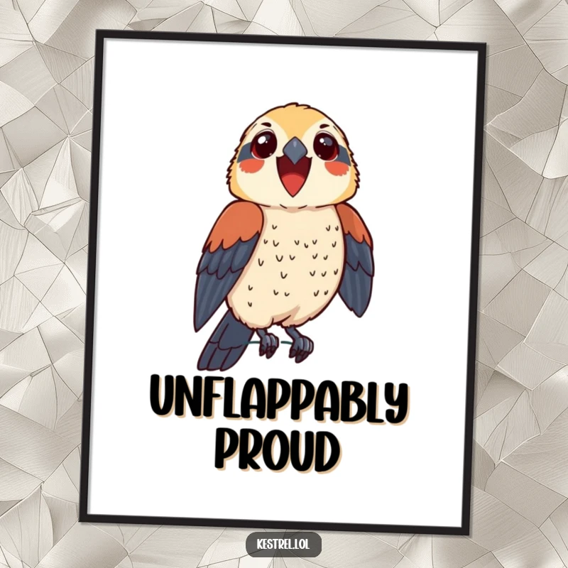 Funny kestrel digital art print of a thrilled bird character perched proudly, bringing humorous confidence and celebration.
