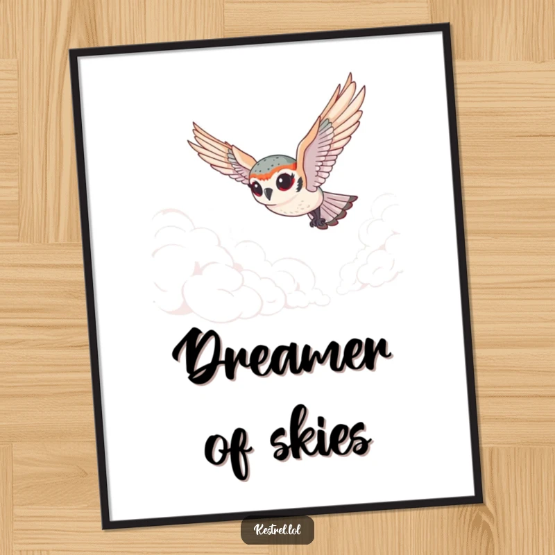 Funny tiny kestrel digital art print of a cute bird with exaggerated eyes gracefully diving through fluffy clouds, capturing a moment of humorous fantasy.