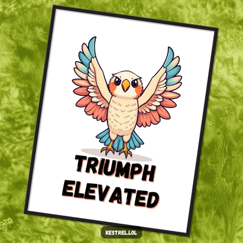 Funny triumphant kestrel digital art print of a kestrel character raising its wings in victory, symbolizing triumph.