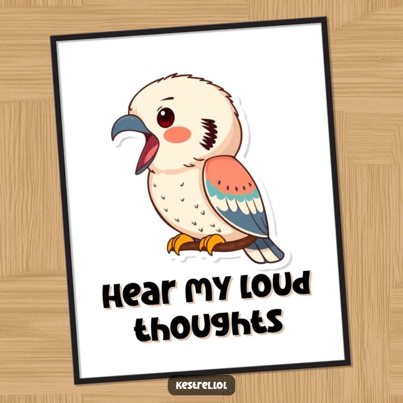 Funny kestrel digital art print of a kestrel calling out, beak open, capturing a moment of energetic avian humor for easy display.