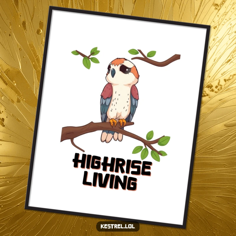 Funny Kestrel Perched Digital Art Print of a kestrel sitting on a branch, offering instant humorous wall decor.