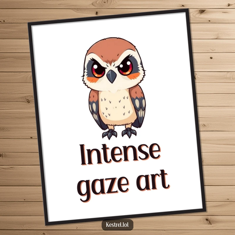 Funny digital art print of a kestrel looking intently with sharp eyes, offering instant bird humor and focused decor, ideal funny gift.