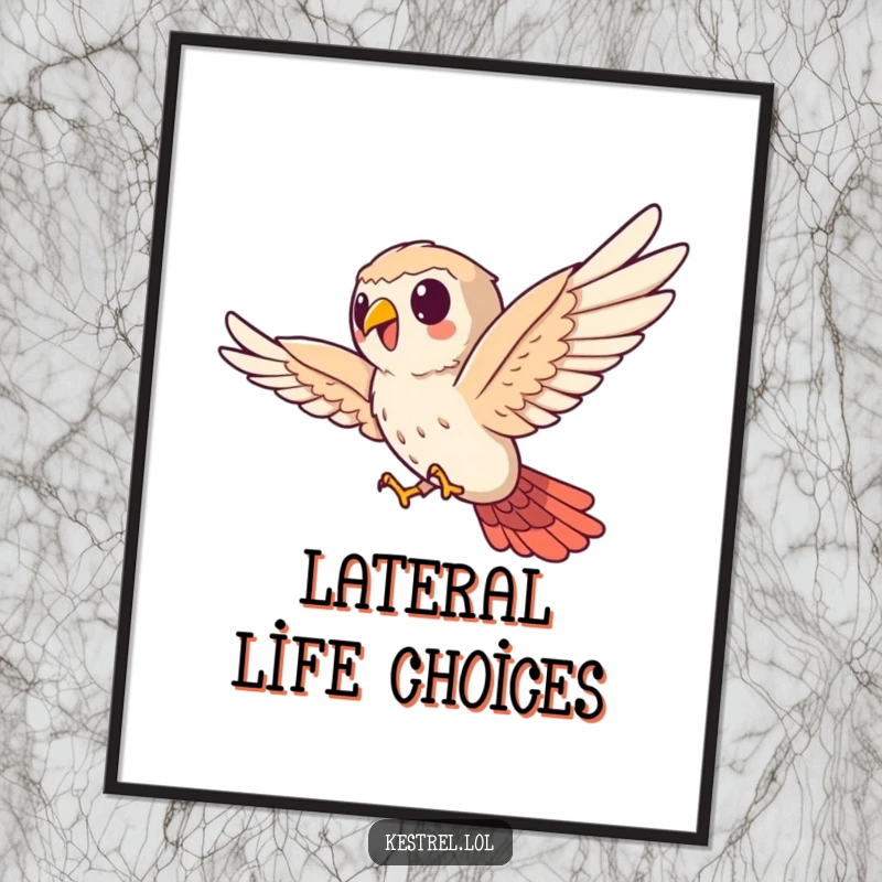 Funny kestrel digital art print, cute bird character bravely soaring sideways, high-resolution download, humorous wall decor.