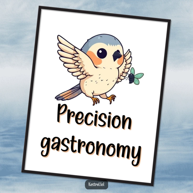 Funny kestrel digital art print of a bird catching a bug mid-air, perfect for dynamic wall decor and humorous gifting.