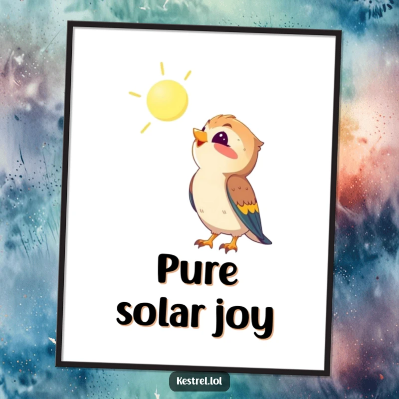 Funny kestrel digital art print of a kestrel looking up at the sun with delight, perfect for cheerful wall decor and humorous gifting.