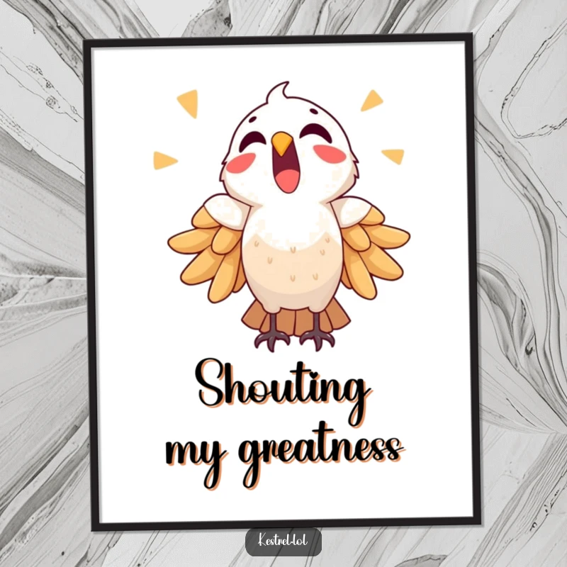Funny triumphant kestrel digital art print, featuring a bird crying out in victory, inspirational and humorous decor.