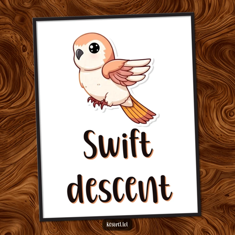 Funny digital art print of a kestrel character in a swift descent with tucked wings, perfect for humorous decor.