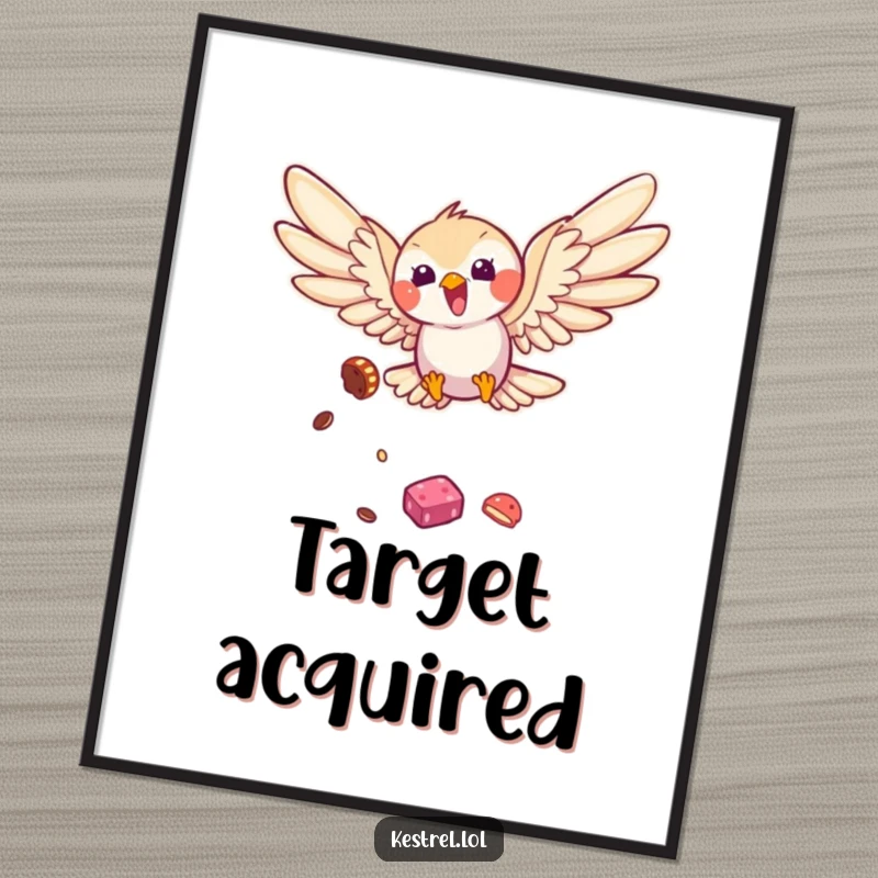 Funny kestrel digital art print of a bird joyfully diving with wings spread, capturing playful energy, a humorous and instant decor gift.