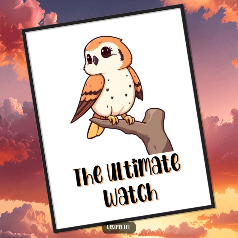 Funny kestrel digital art print of a bird of prey keenly observing from a high perch, adding focused humor.