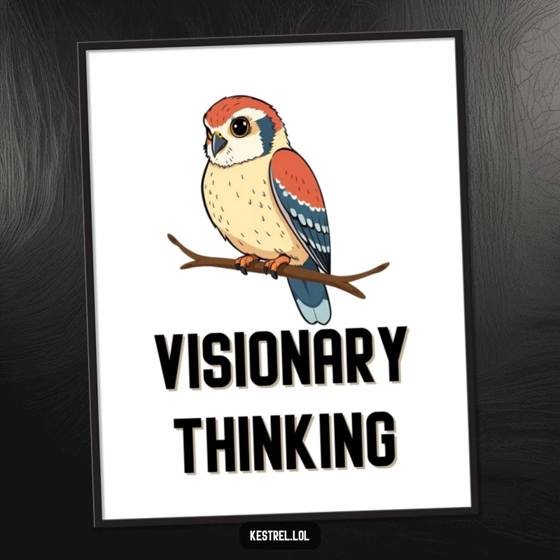 Funny kestrel focus digital art print featuring a determined bird perched and looking intently, perfect for intense decor.