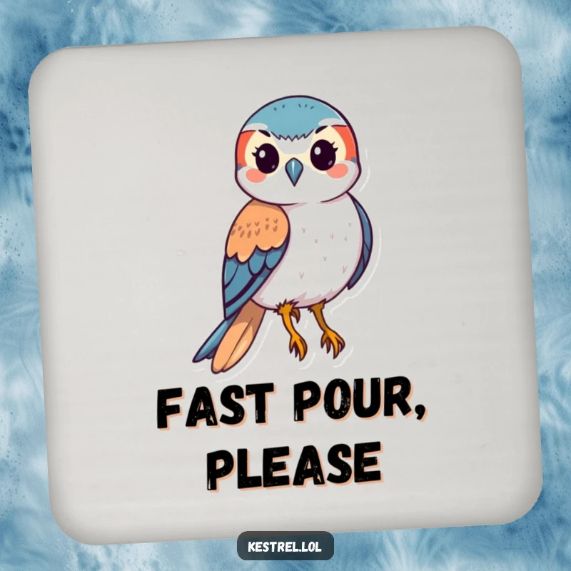 Funny kestrel coaster depicting a stylized bird of prey in a downward swoop, adding dynamic action and humor to tabletops.