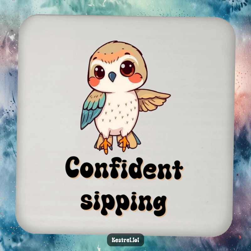 Funny kestrel coaster with a determined bird hovering with a confident gaze, adding focus and humor.
