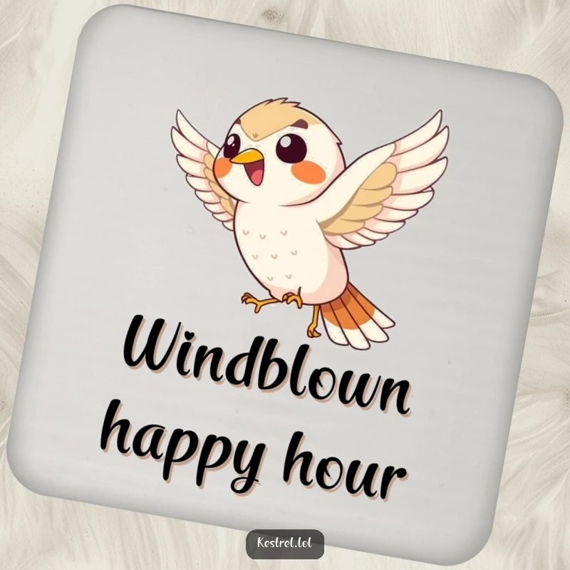 Funny giggling kestrel drink coaster, the bird enthusiastically hovering, a humorous and functional piece of decor.