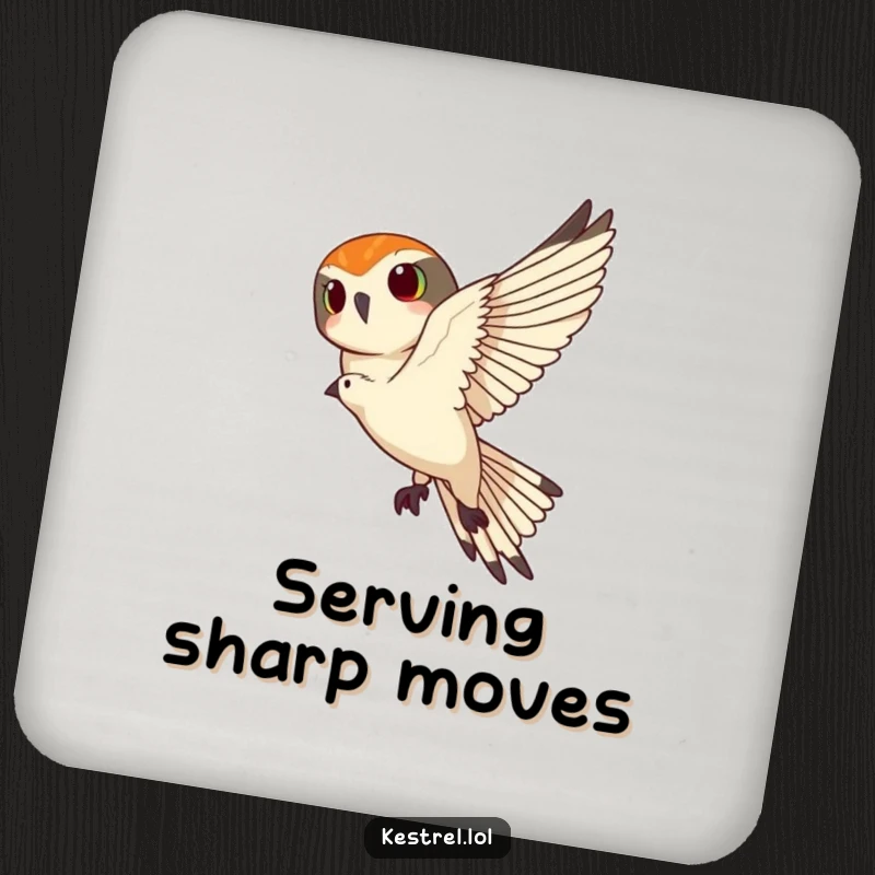 Funny kestrel coasters featuring a kestrel banking sharply, protecting surfaces with a humorous and artistic avian design inspired by flight.