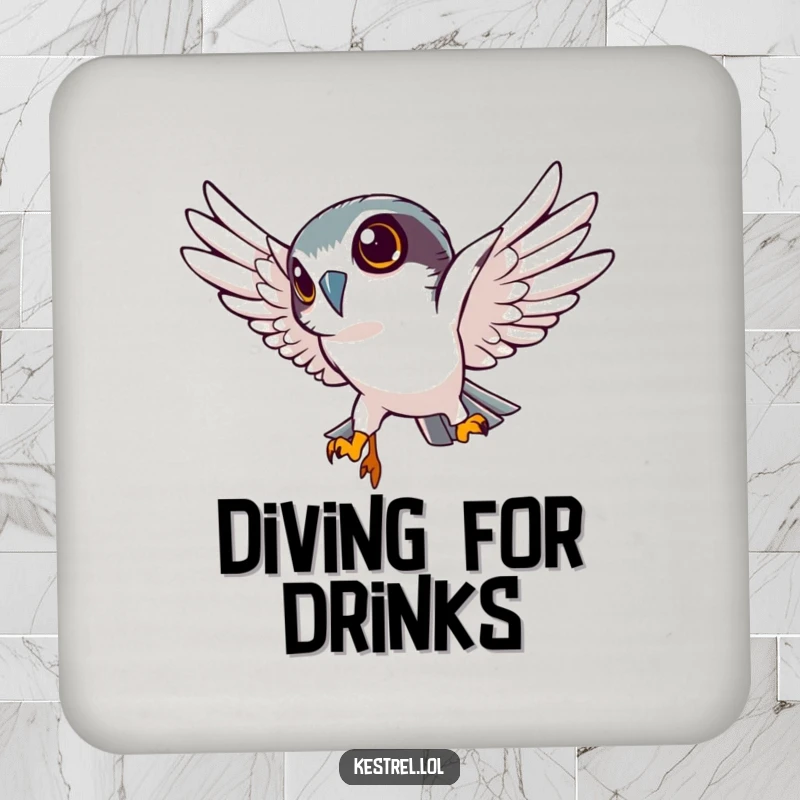 Funny kestrel coasters displaying a determined kestrel character diving sharply downwards, protecting surfaces with focused energy.