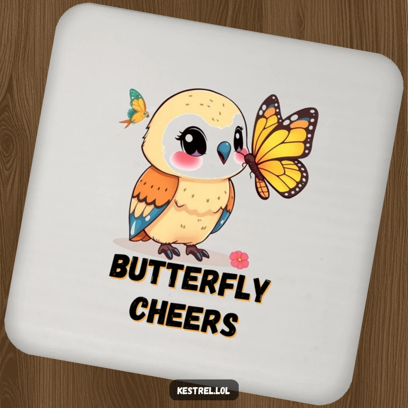 Funny kestrel coaster showing a smiling kestrel character watching a butterfly, a charming and humorous addition to tabletops.
