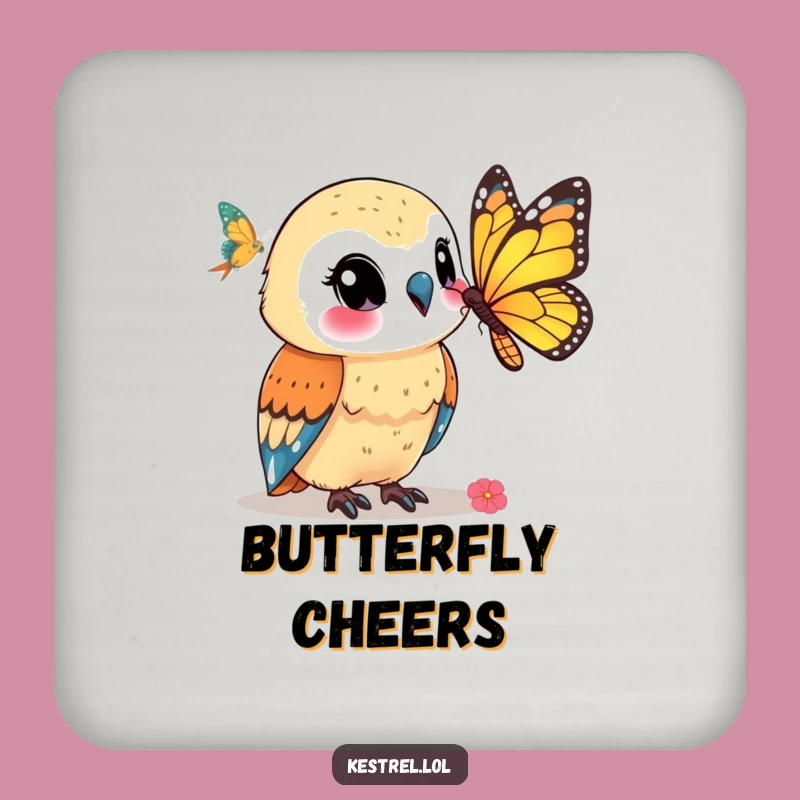 Funny Kestrel Coaster: Smiling at Butterfly - Whimsical Table Decor