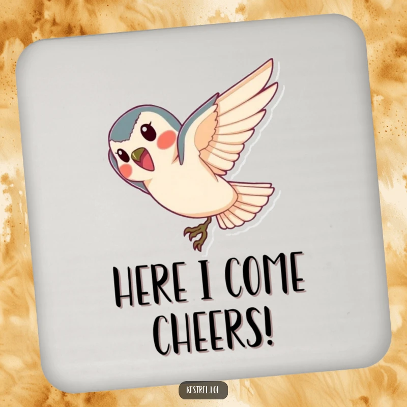 Funny kestrel coasters, set of bird-themed coasters with a cheerful diving design, perfect for tables.