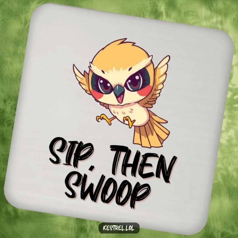 Funny drink coaster featuring a determined kestrel character diving with focused intensity, protecting tables with sharp humor.