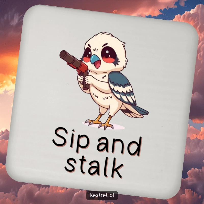 Funny kestrel coasters featuring a smiling bird character hunting with focused delight, protecting surfaces with humorous precision.
