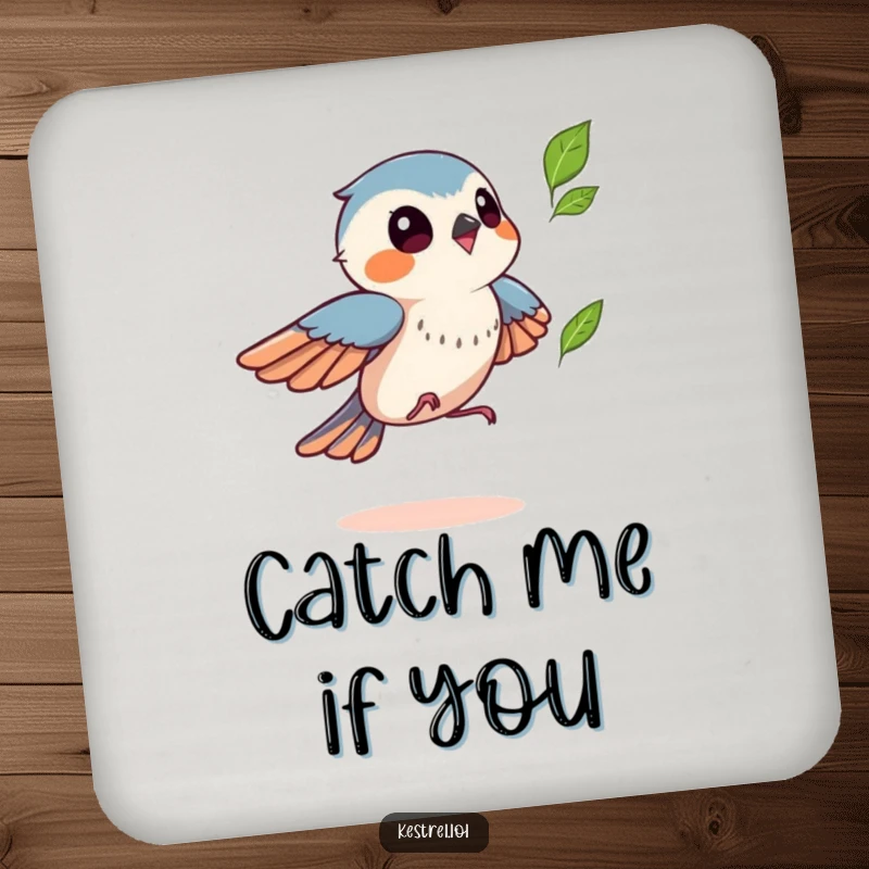 Funny kestrel drink coaster featuring a bird playfully chasing a leaf, adding humorous protection, a great autumn gift.