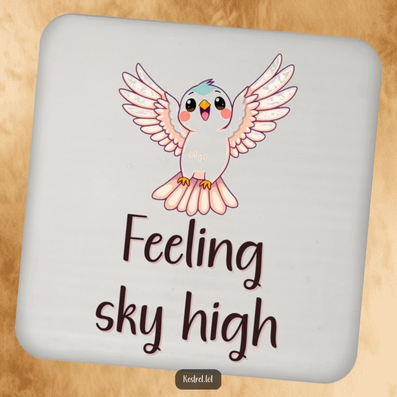 Funny kestrel drink coaster featuring a bird joyfully soaring with wings spread, adding humorous protection to surfaces, a great gift.