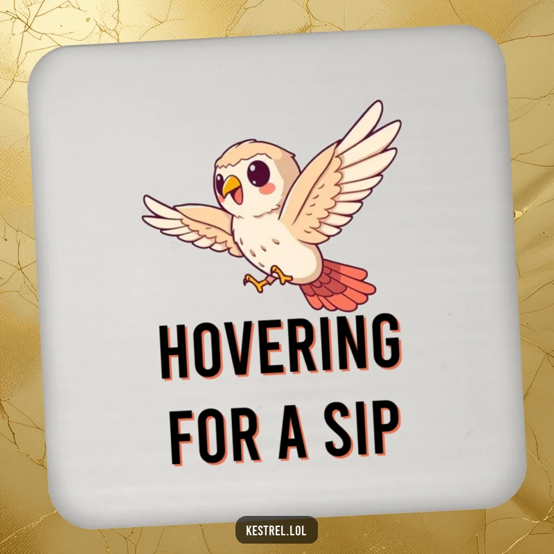 Funny kestrel coaster, cute bird character bravely soaring sideways, protective tabletop accessory, humorous barware.