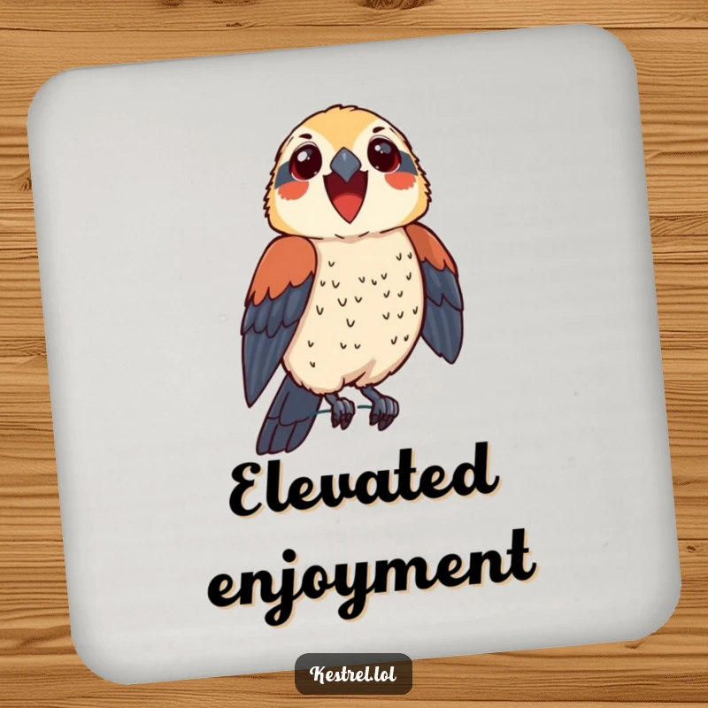 Funny kestrel coaster featuring a thrilled bird character perching proudly, adding humorous protection and a touch of pride.