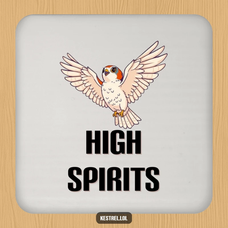 Funny kestrel coasters showing a majestic bird of prey soaring with wings spread, protecting tables with humorous elegance and intensity.