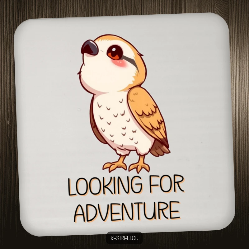 Funny kestrel coaster featuring a cute, stylized bird character looking upwards with curiosity, protecting tables with playful flair.