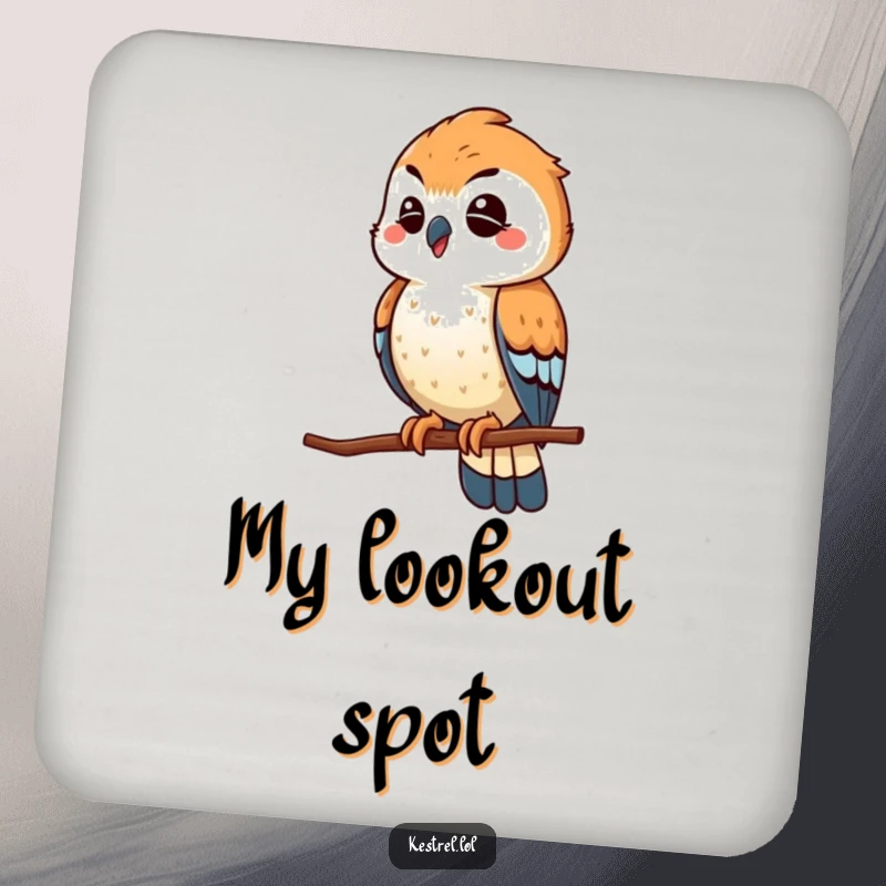 Funny winking kestrel drink coaster, the bird playfully scouting from a high perch with a humorous wink, functional decor.