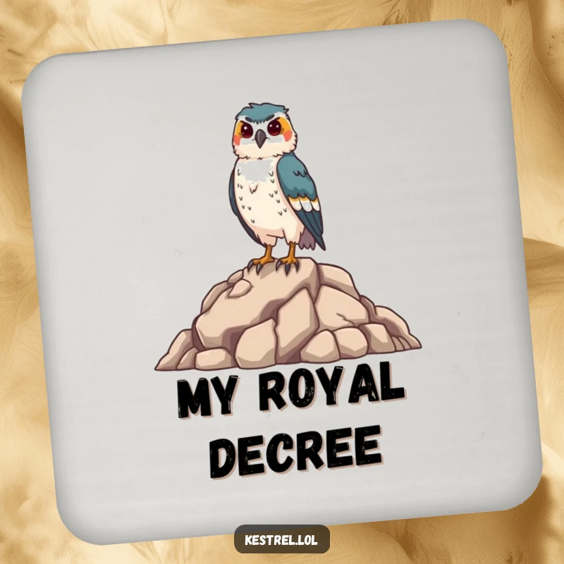 Funny kestrel coasters featuring a proud falcon on a rocky perch, protecting surfaces with humor, a unique bird-themed gift.