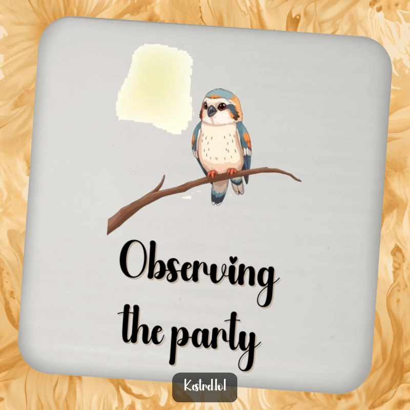 Funny kestrel coaster with a curious bird perched on a thin branch, looking around, adding humor.