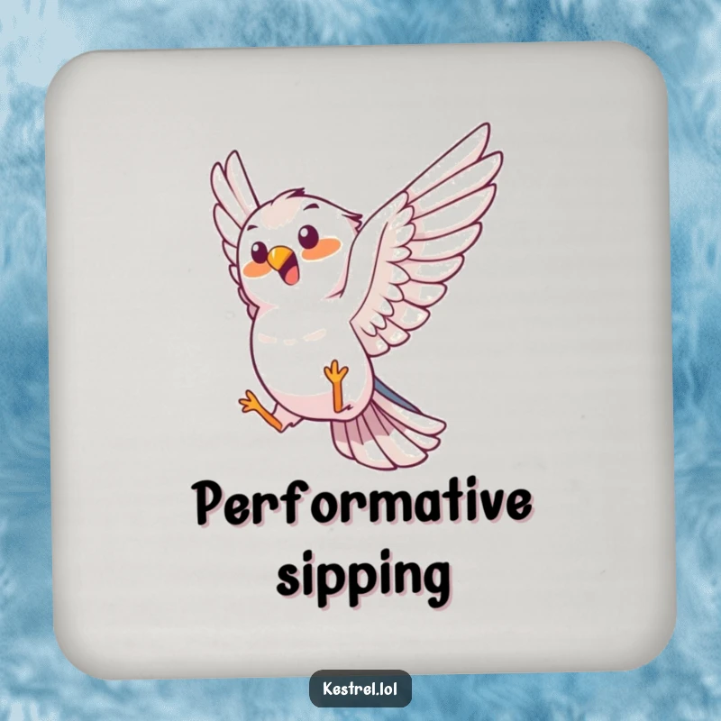 Funny kestrel coaster, joyful bird character performing an aerial trick, protective tabletop accessory, humorous barware.