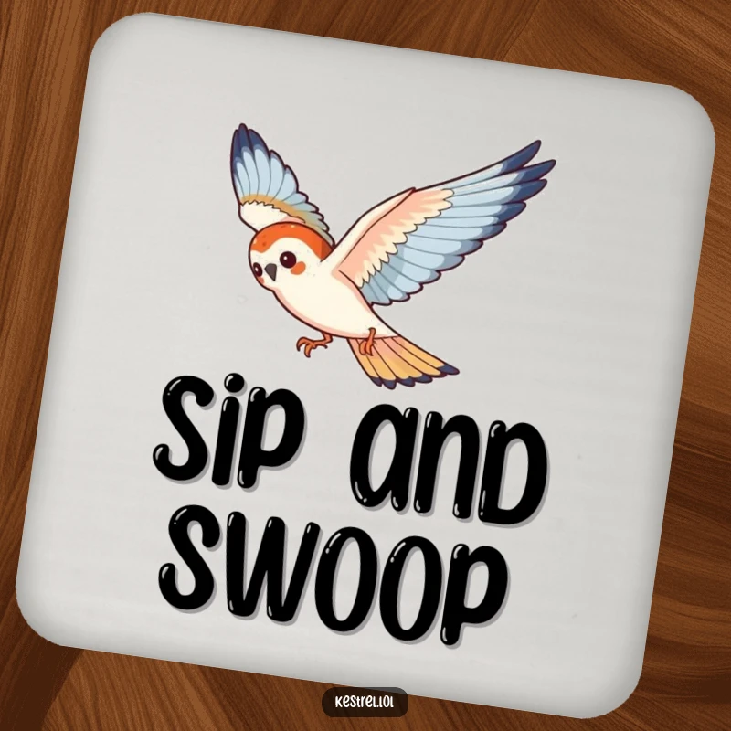 Funny kestrel coaster with a playful bird gracefully diving through the air, adding humor.