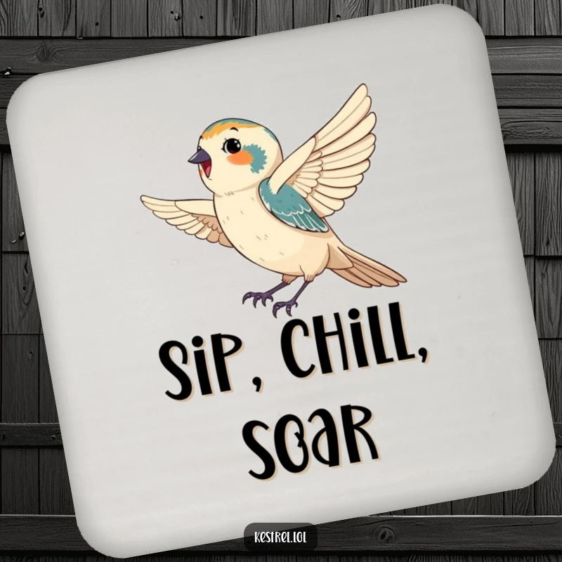 Funny drink coasters featuring a happy kestrel gracefully catching a gentle breeze, providing surface protection with a humorous and serene design.