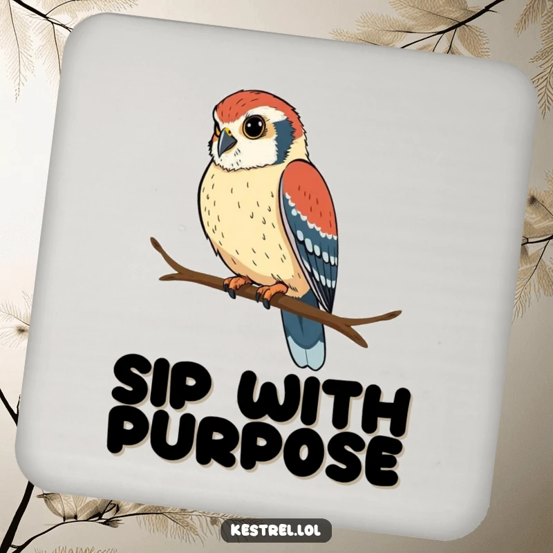 Funny kestrel coaster with a determined bird perched and looking intently, ideal for protecting surfaces humorously.