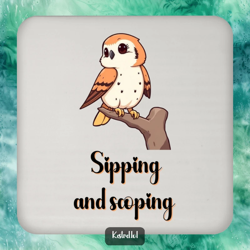 Funny kestrel drink coaster with a bird of prey keenly observing from a high perch, adding humorous protection.