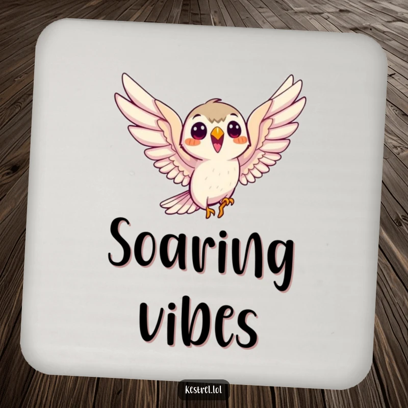 Funny smiling kestrel drink coaster, the bird eagerly soaring with outstretched wings, a humorous and functional piece.
