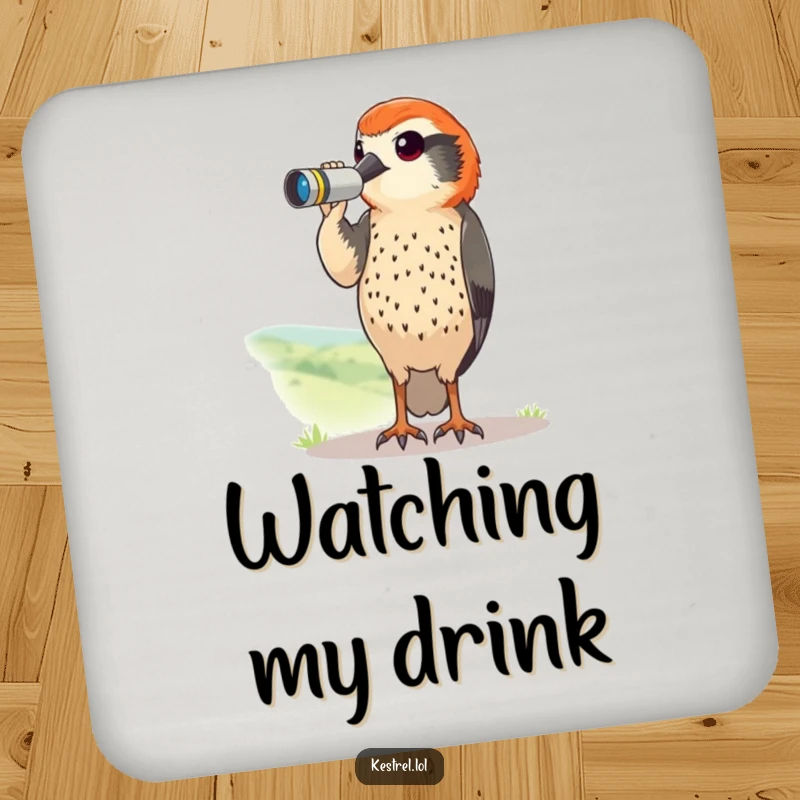 Funny kestrel drink coaster with a curious bird using tiny binoculars to scan a landscape. Humorous surface protection.