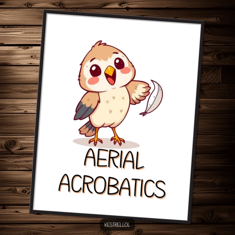 Funny kestrel poster with a cheerful character comically attempting to catch a falling feather, creating whimsical and humorous wall art.