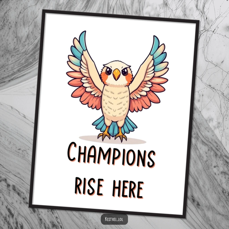 Funny triumphant kestrel poster showing a kestrel character raising its wings in a pose of victory and celebration.
