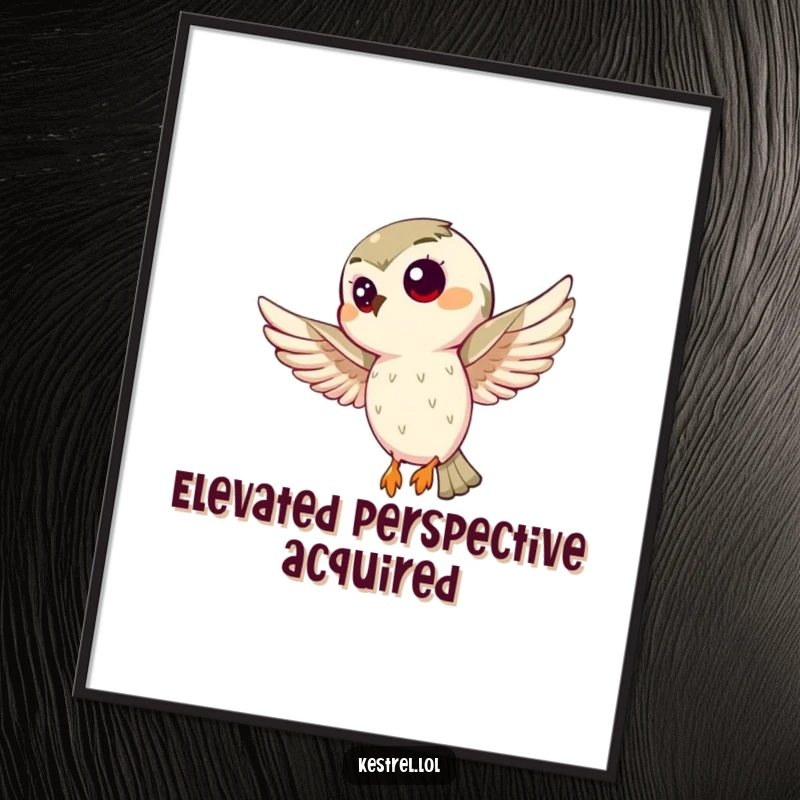 Funny kestrel poster showcasing a curious bird hovering intently, perfect wall art for bird lovers. A humorous and striking gift.