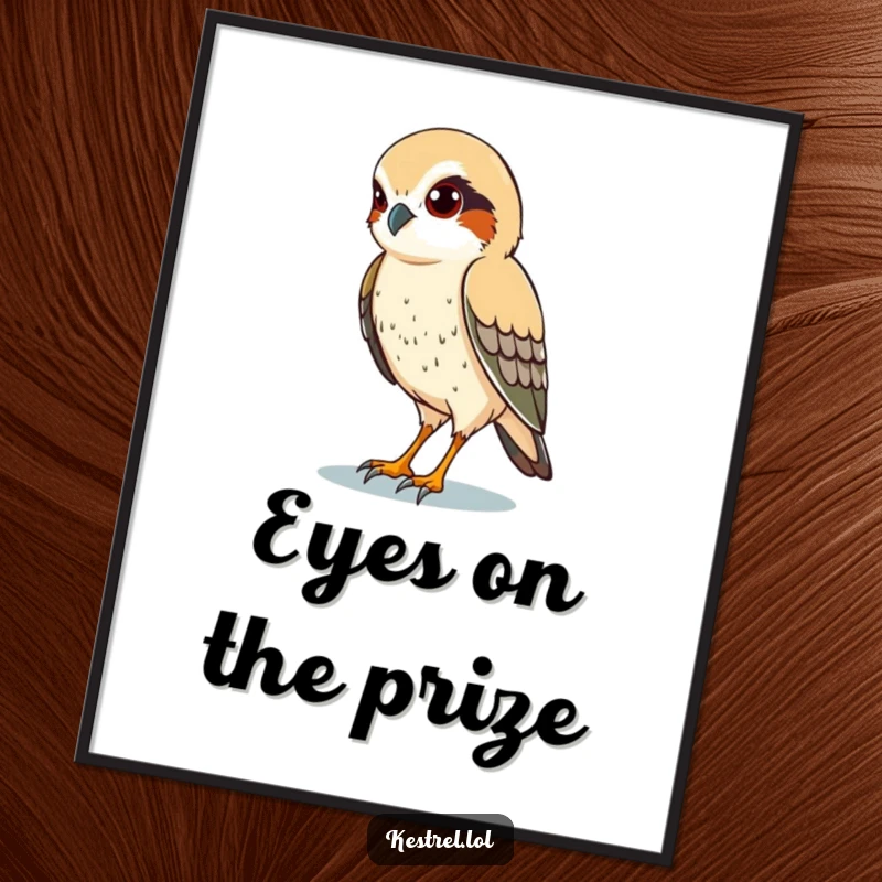 Funny poster print of a kestrel character with sharp eyes, scanning the ground below, perfect for focused decor.