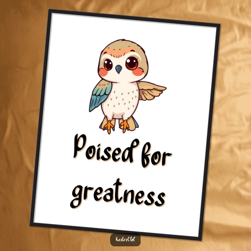 Funny kestrel poster showing a determined bird hovering with a confident gaze, focused and ready.